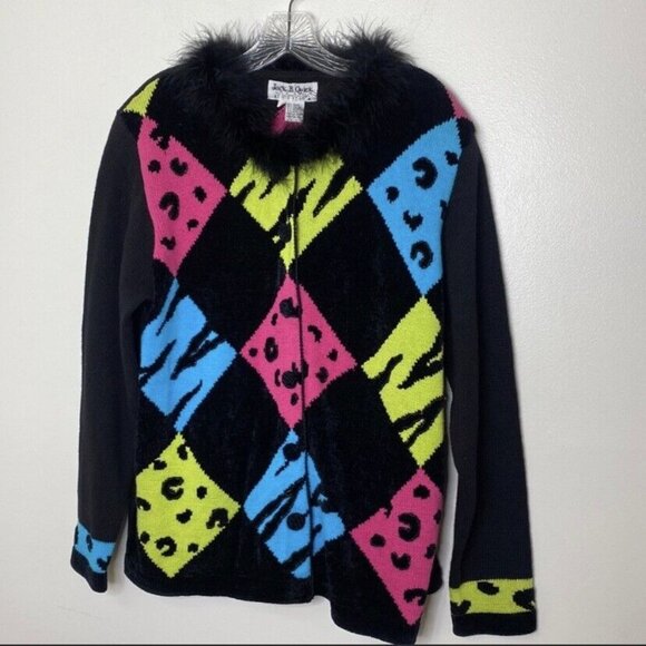 Jack B. Quick Womens 1X Sweater With Faux Fur Collar & Colorful Animal Print NWT - Picture 1 of 12